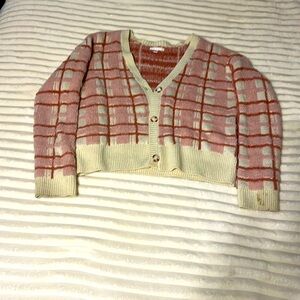 Lauren Conrad Large button up sweater. Plaid colors are pink and light rust.